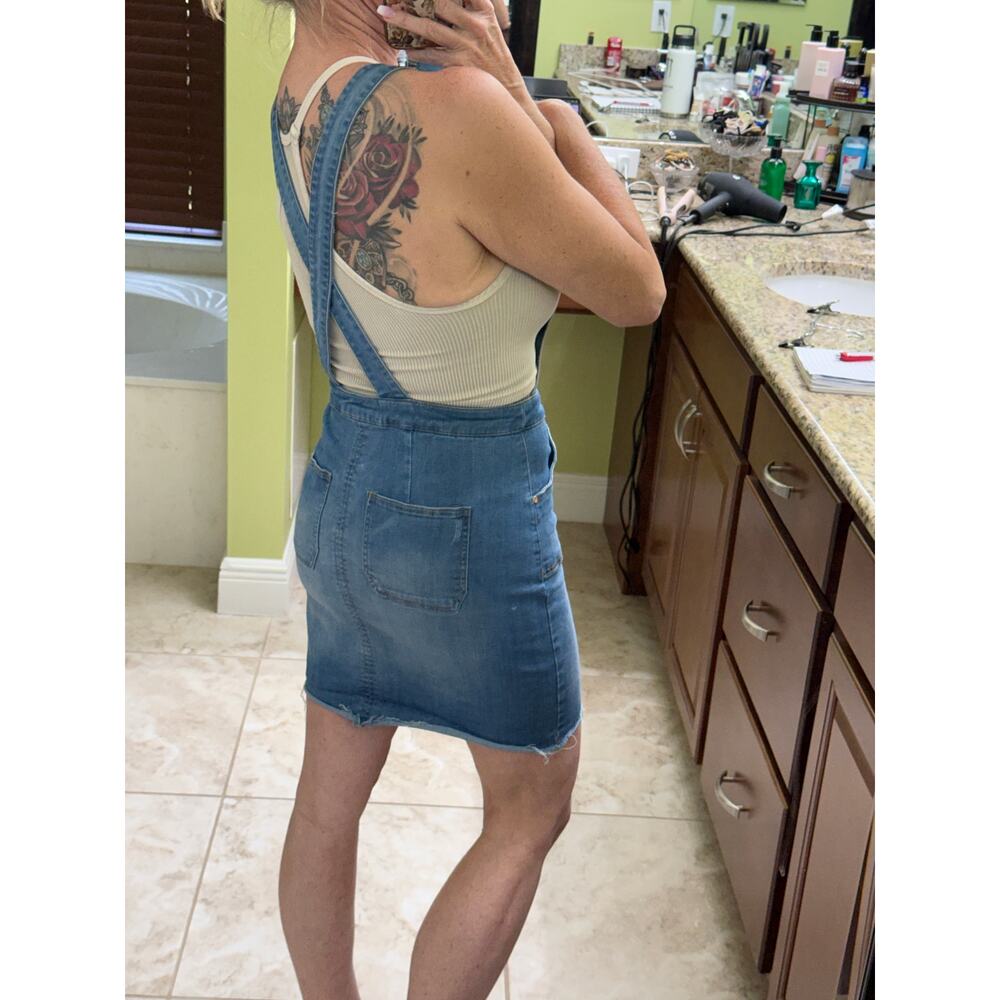 Celebrity pink blue jean denim Overalls dress front buttons zipper closure - Picture 2 of 4